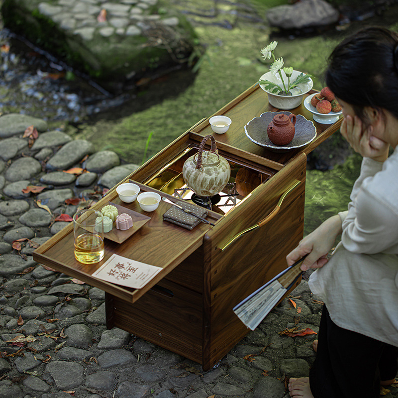 Outdoor Camping Fireplace - เตาผิงวอลนัทสำหรับชงชา เตาถ่านแบบพกพาสำหรับตั้งแคมป์สไตล์จีน พร้อมตู้เก็บของและเตาผิงกลางแจ้ง