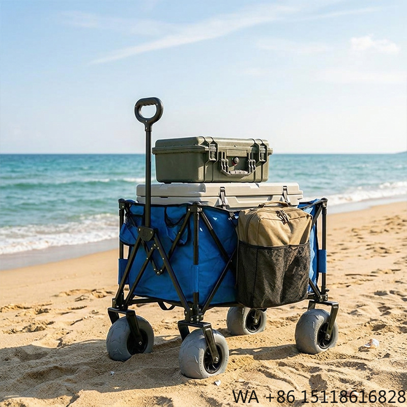 Outdoor Camping Folding Table - รถเข็นชายหาดโลหะพับได้ ล้อบอลลูนหมุนได้ ถอดประกอบง่าย ขนาดกะทัดรัดและกว้างขวาง เหมาะสำหรับการตั้งแคมป์