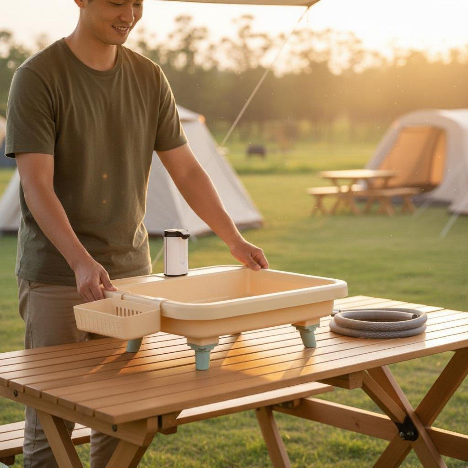 Outdoor In Camping - อ่างล้างมือแบบพกพาสำหรับการตั้งแคมป์พร้อมก๊อกน้ำในตัวและโหมดตั้งเวลาสำหรับสถานีล้างมือในการผจญภัยกลางแจ้ง