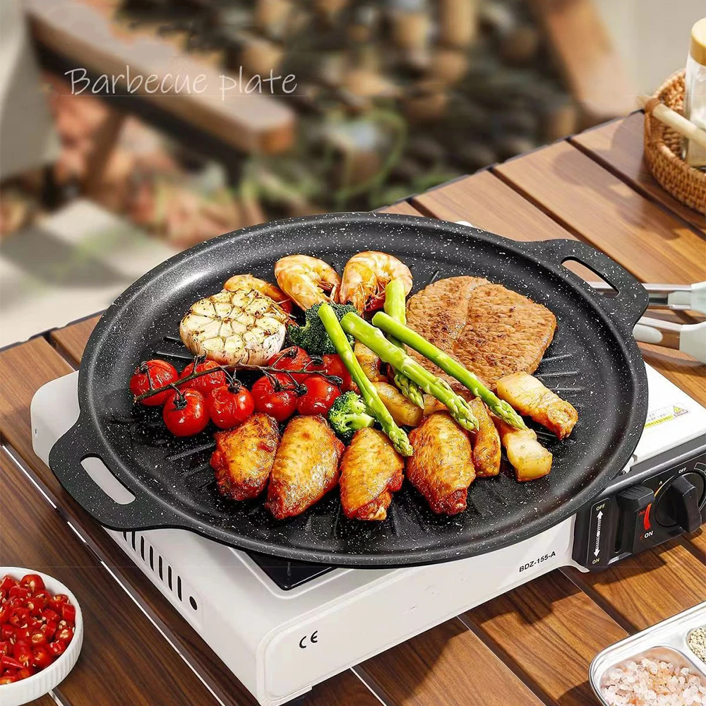 Kitchen Outdoor Camping - กระทะย่างบาร์บีคิวกลางแจ้งขนาด 34 ซม. ถาดอบแบบไม่ติดกระทะ กระทะย่างสไตล์เกาหลี กระทะสำหรับตั้งแคมป์