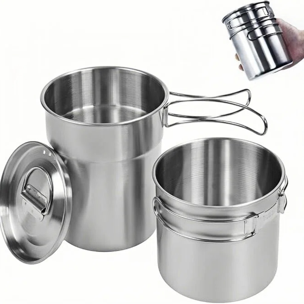 Outdoor Camping Cooking Set - แก้วพับได้สำหรับแคมป์ปิ้ง หม้อและอุปกรณ์ทำอาหารสำหรับแคมป์ปิ้ง เกรดอาหาร 304 ชุดทำอาหารกลางแจ้งพร้อมฝาแบบมีช่องระบายอากาศ ทำจากสแตนเลส