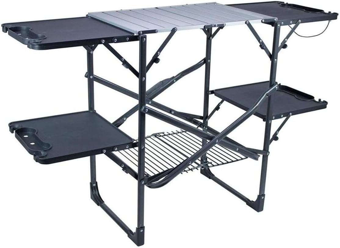 Outdoor Camping Folding Table - โต๊ะครัวพับได้แบบพกพาสำหรับตั้งแคมป์ พร้อมชั้นวางด้านบนทนความร้อน ชั้นวางของ ที่ใส่กระดาษเช็ดมือ สถานีทำอาหารสำหรับปิกนิก ทำอาหารกลางแจ้ง