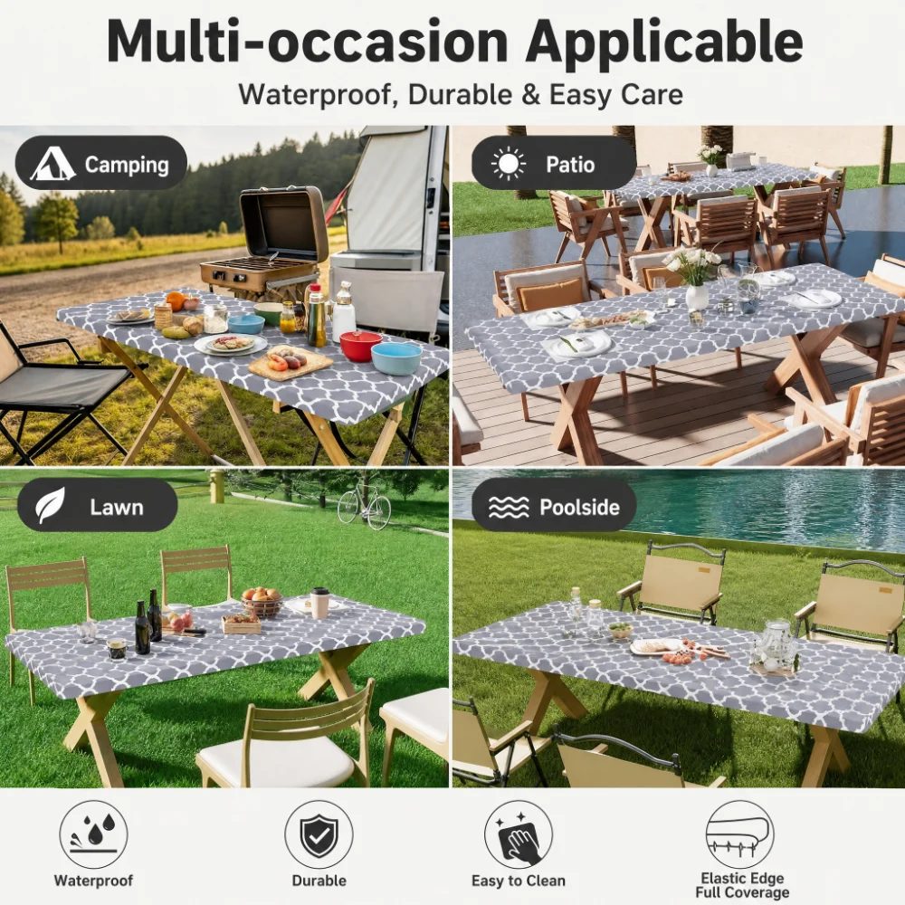 Outdoor Camping Folding Table - ผ้าคลุมโต๊ะทรงสี่เหลี่ยมผืนผ้า, ผ้าคลุมโต๊ะโพลีเอสเตอร์แบบยืดหยุ่น, เหมาะสำหรับโต๊ะพับขนาด 6 ฟุต, ปิกนิก,