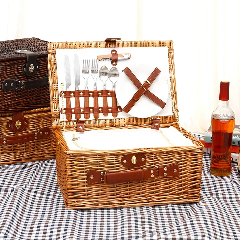 Outdoor Camping Storage Box - ตะกร้าปิกนิกสำหรับครอบครัว, ตะกร้าเก็บอาหารและอุปกรณ์รับประทานอาหารสำหรับตั้งแคมป์กลางแจ้ง, กล่องเก็บของสานหวายทำมือพร้อมฝาปิด