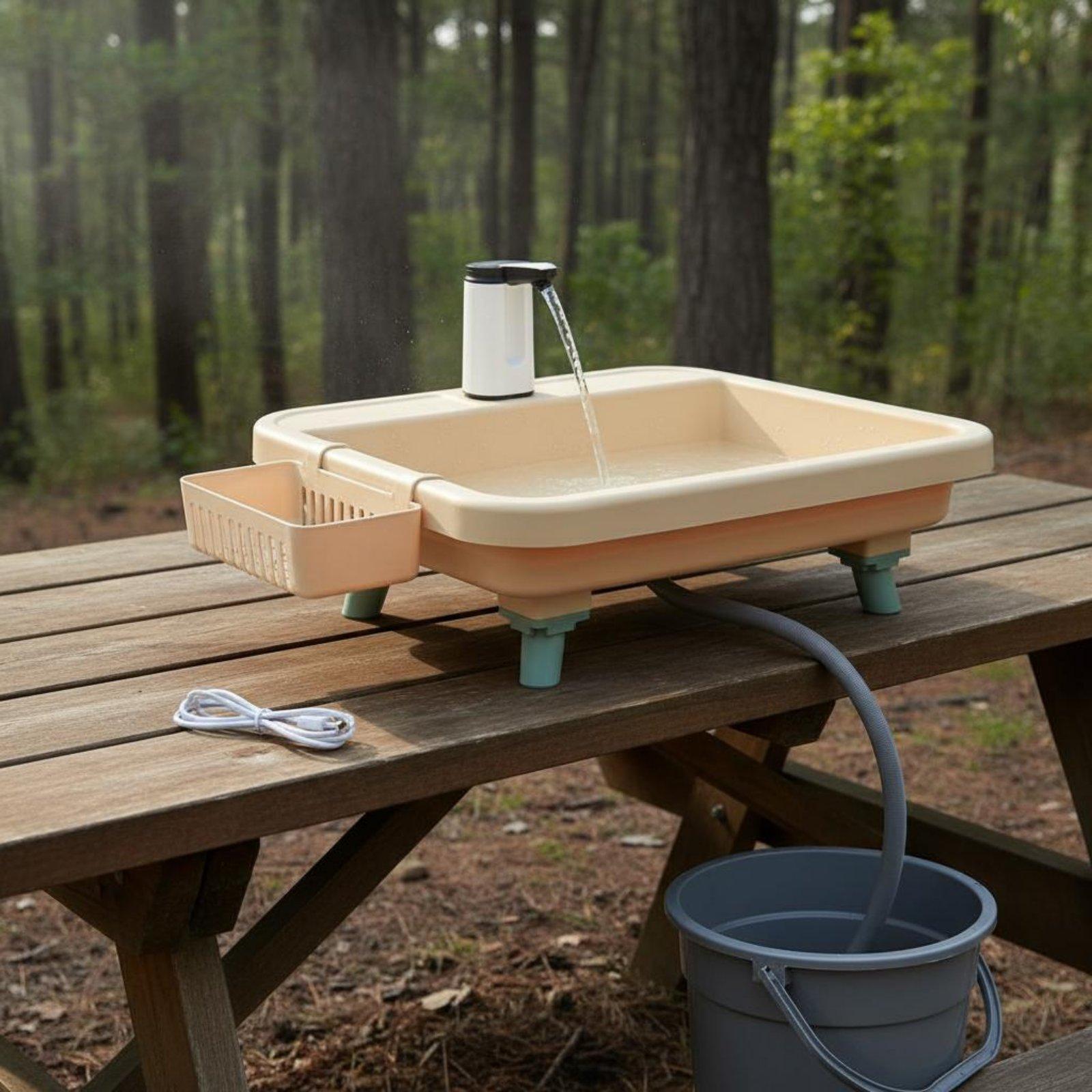 Outdoor In Camping - อ่างล้างหน้าแบบพกพาสำหรับตั้งแคมป์กลางแจ้ง พร้อมปั๊มน้ำไฟฟ้าและก๊อกน้ำ สำหรับสวน การเดินทาง และห้องครัว