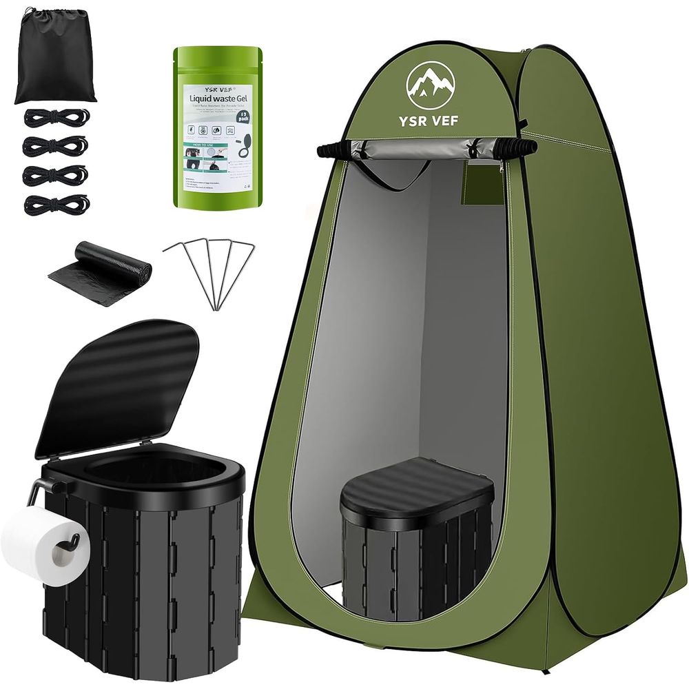 Outdoor In Camping - ชุดห้องน้ำพกพา, ห้องน้ำสำหรับตั้งแคมป์พร้อมเต็นท์ปิดแบบพับได้และถุงเจลสำหรับขับถ่าย, ฝักบัวอาบน้ำกลางแจ้งแบบพกพาที่ล้างทำความสะอาดได้