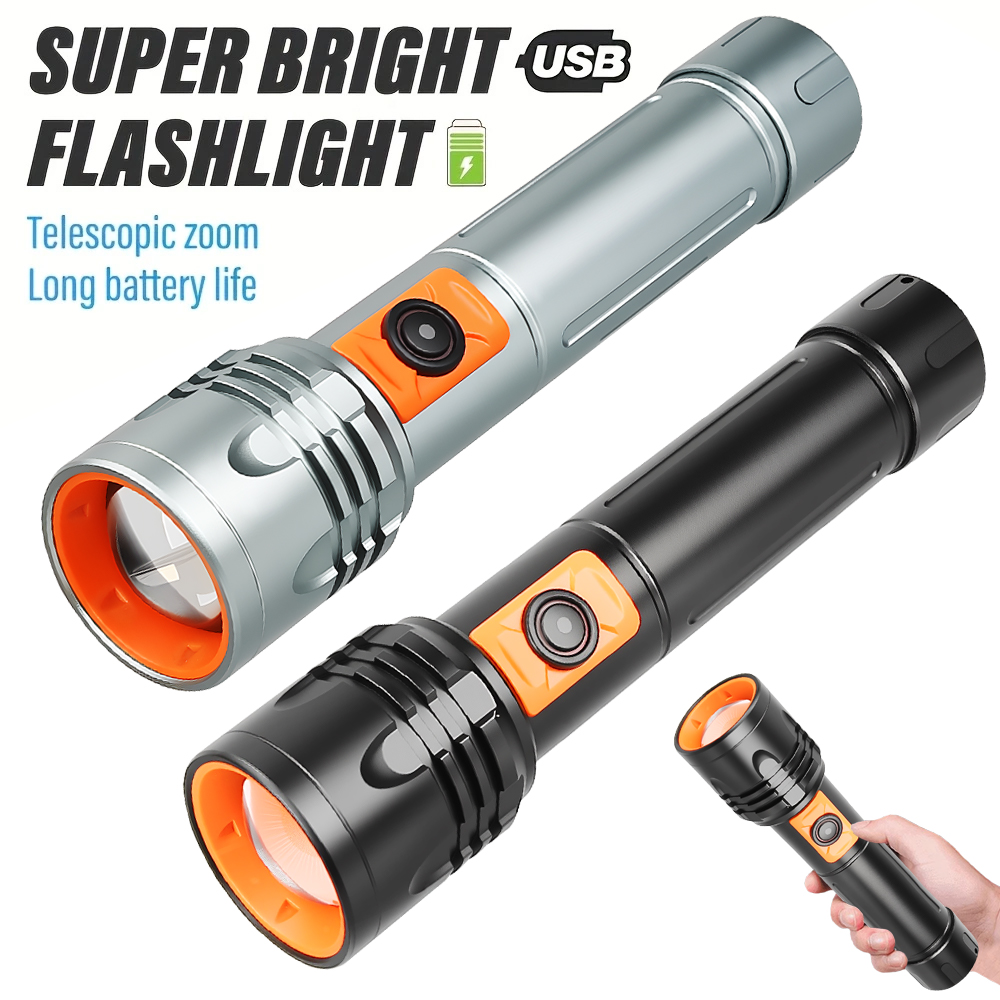 Outdoor Camping And Fishing - ไฟฉาย LED พลังงานสูงไฟฉายแบบชาร์จไฟได้ USB พร้อมซูมแบบยืดไสลด์โคมไฟยุทธวิธีซุปเปอร์ไบรท์สำหรับตกปลาตั้งแคมป์กลางแจ้ง