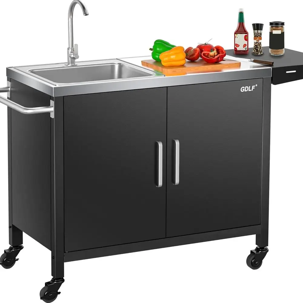 Outdoor Camping Kitchen With Sink - เกาะครัวกลางแจ้งพร้อมอ่างล้างจานสแตนเลส รถเข็นย่างโลหะ ขนาด L57xW21.65