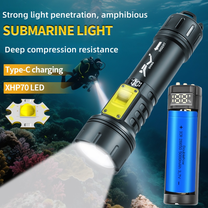 Outdoor Camping And Fishing - ใหม่ XHP70 ไฟฉายดําน้ํา IPX8 กันน้ําดิจิตอลชาร์จ Dual-ใช้ใต้น้ําไฟฉายความเข้มสูง
