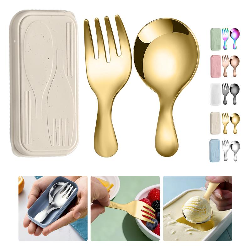 Outdoor Camping Cooking Set - ชุดช้อนส้อมสแตนเลส 2 ชิ้น แบบพกพา พร้อมกล่อง สำหรับตั้งแคมป์กลางแจ้ง