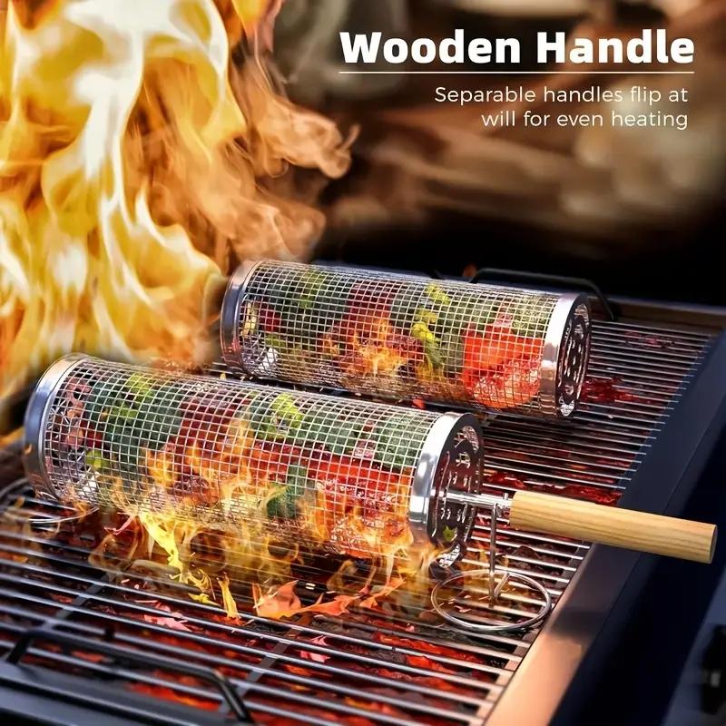 Outdoor Camping Cooking Set - ตะแกรงย่างบาร์บีคิวสแตนเลสทรงกระบอกกลม ตะแกรงลวดหมุนได้สำหรับเนื้อสัตว์ ผัก ปลา สำหรับตั้งแคมป์ปิกนิกกลางแจ้ง