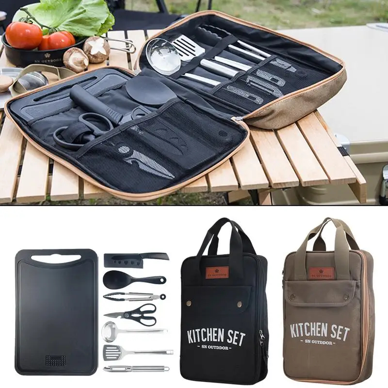 Outdoor Camping Kitchen With Sink - ชุดเครื่องครัวแคมป์ปิ้ง 8 ชิ้น ชุดอุปกรณ์ทำอาหารพกพาสำหรับเดินทางกลางแจ้ง ทำจากสแตนเลส สำหรับทำอาหารและปิ้งย่าง