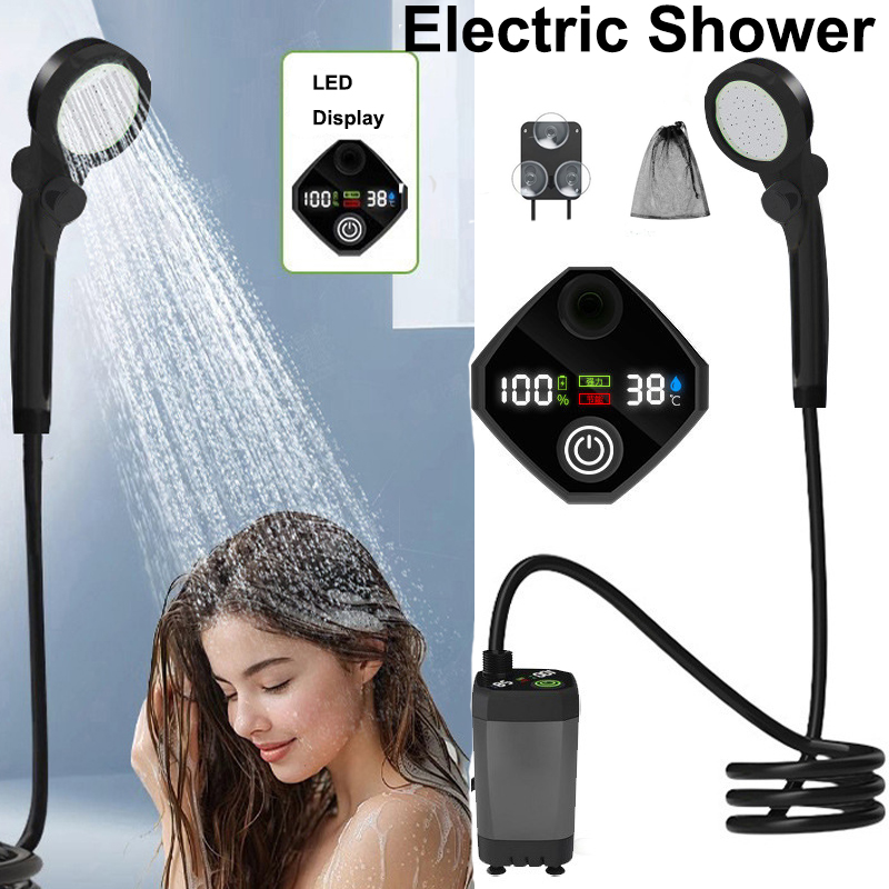 Outdoor Camping Showers - ชุดฝักบัวไฟฟ้าสำหรับใช้งานกลางแจ้ง พร้อมหน้าจอ LED แสดงผล 6000mA ชาร์จไฟได้แบบ