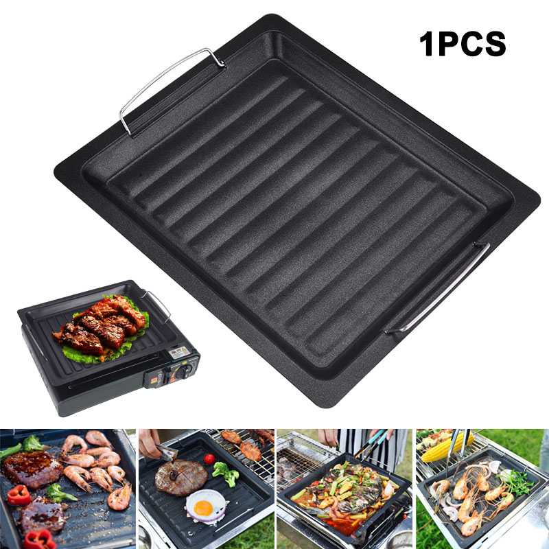 Outdoor Camping Cooking Set - กระทะย่างทรงสี่เหลี่ยมหนาสำหรับใช้งานกลางแจ้ง พร้อมหูจับสองข้าง กระทะย่างเคลือบกันติดแบบพกพา ถาดอบสำหรับทำบาร์บีคิว แคมป์ปิ้ง และทำอาหาร