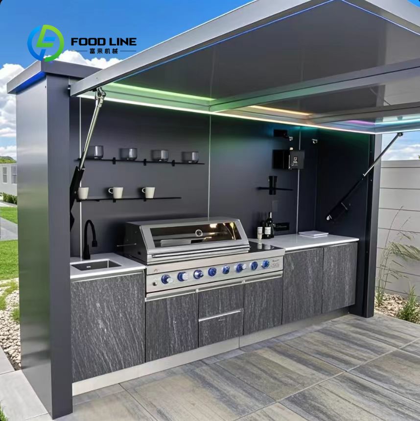Outdoor Camping Kitchen With Sink - รถเข็นครัวกลางแจ้งแบบพกพาปรับแต่งได้ พร้อมล้อและอ่างล้างจาน ทำจากเหล็กกันสนิม สำหรับตั้งแคมป์ชายหาด งานเลี้ยงท้ายรถ และการเดินทางด้วยรถบ้าน