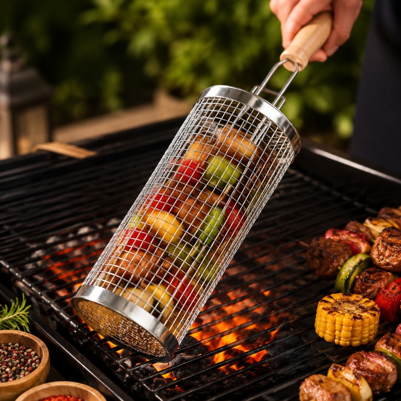 Outdoor Camping Cooking Set - ชุดตะกร้าย่างบาร์บีคิวทรงกลม สแตนเลส ตะแกรงเหล็กกลิ้งพร้อมท่อและด้ามจับ อุปกรณ์จำเป็นสำหรับการตั้งแคมป์กลางแจ้ง