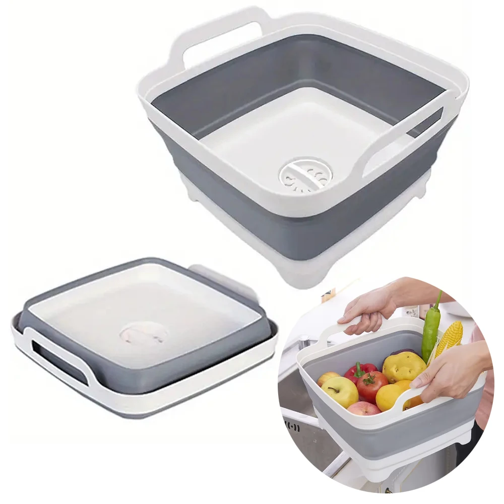 Outdoor Camping Kitchen With Sink - อ่างล้างผักผลไม้แบบพับได้ 1 ชิ้น อ่างล้างจานแบบพกพาสำหรับครัว อุปกรณ์ครัว ตะกร้ากรองน้ำ
